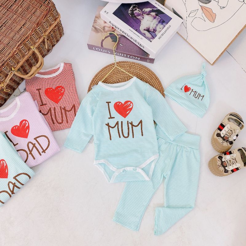 Set Body Liền Thân 3 Chi Tiết Dad Mum, Body Dài Tay Kèm Mũ Cho Bé 3-9kg