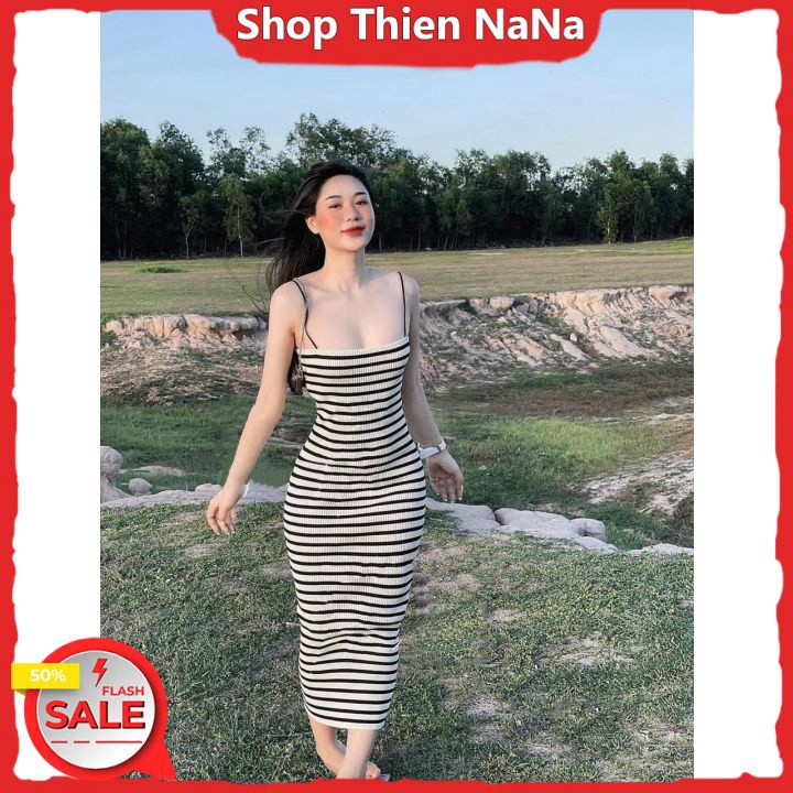 Đầm Body Hai Dây Kẻ Sọc Trắng Đen Chất Gân Mặc Mùa Hè Mặc Rất Thoải Mái