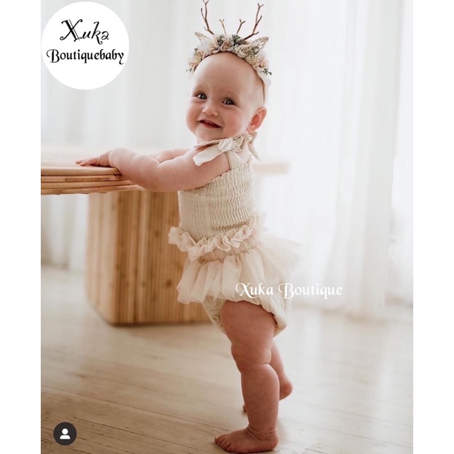 Váy Body Chip Ren buộc dây màu kem Soft Cotton Cao Cấp bé gái (ảnh thật) Size 73-80-90-100