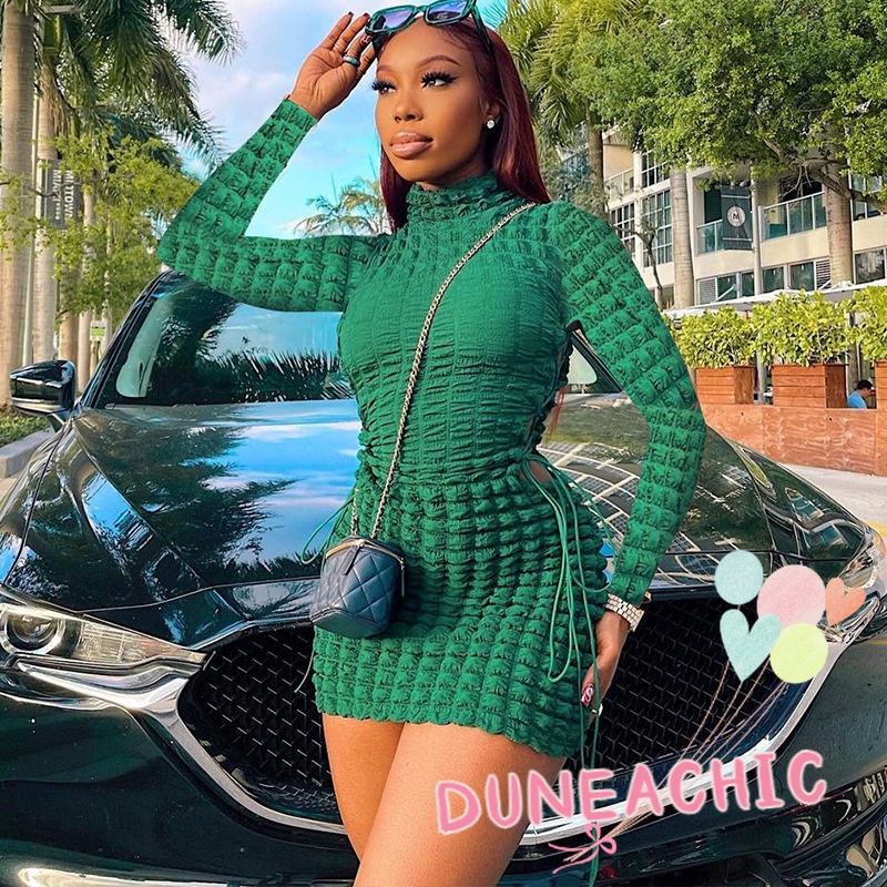 DUNEA Đầm Tay Phồng Dài Cổ Cao Thời Trang Đường Phố Cá Tính Cho Nữ