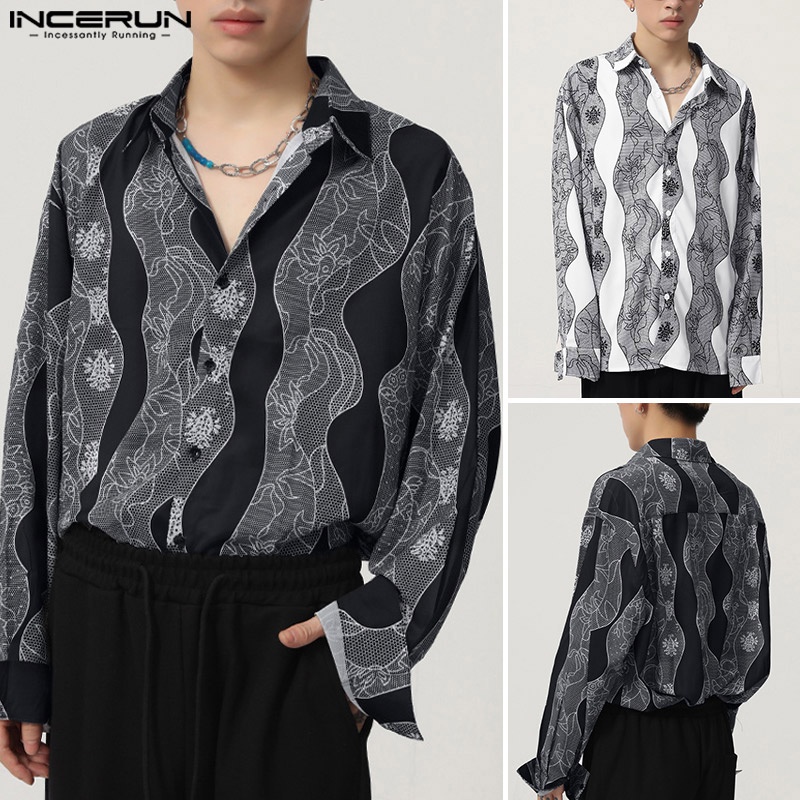 INCERUN Áo Sơ Mi Nam Dài Tay Cài Nút In Hoa Kiểu Retro Trẻ Trung