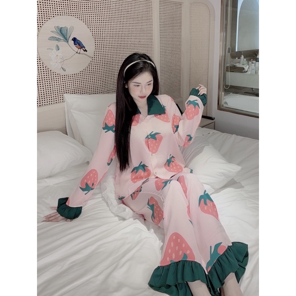 Bộ Pijama Lụa thiết kế cổ sen mặc nhà nữ siêu xinh, Chất lụa mango mềm mịn