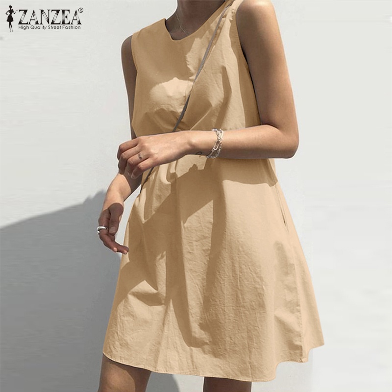 Đầm ZANZEA mini không tay cổ tròn màu trơn thời trang cho nữ