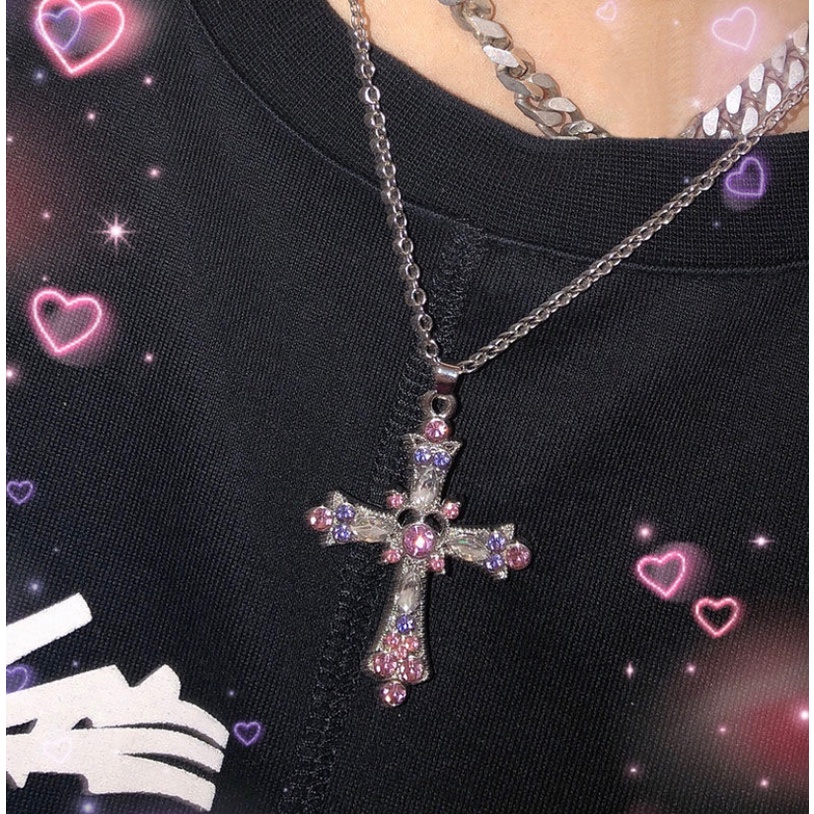 Vòng Cổ Dây Xích Mặt Thánh Giá Màu Hồng / Tím Đính Đá Zircon Y2K Phong Cách Gothic Punk Mới Cho Nữ