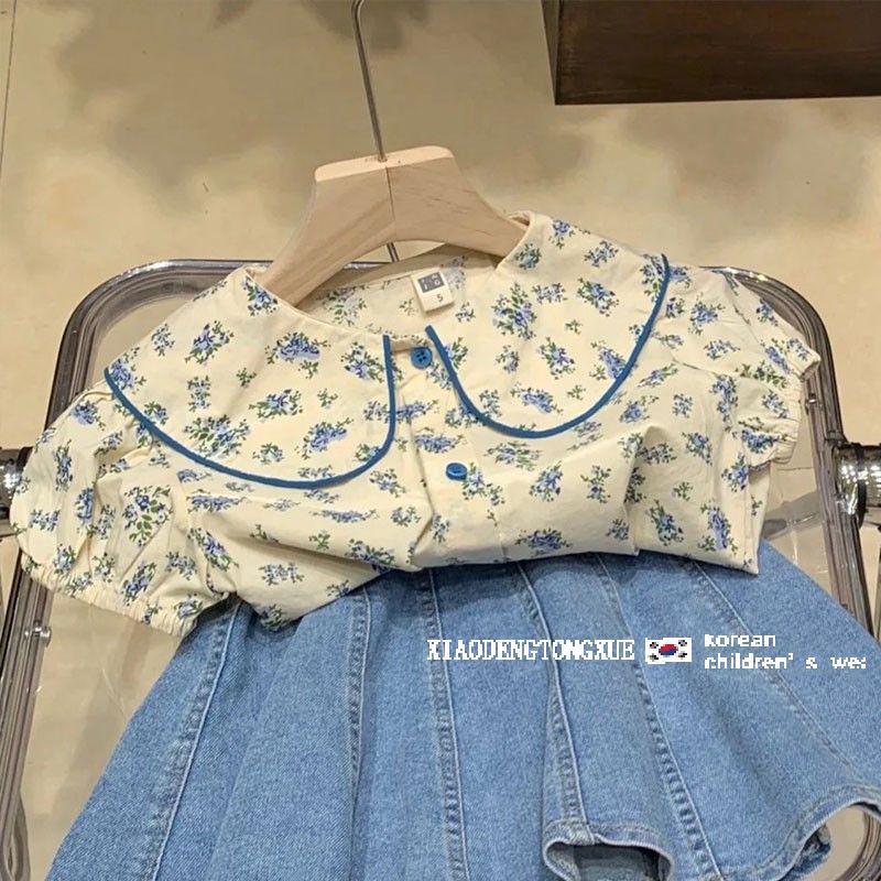 Bộ Áo Sơ Mi Denim Cổ Búp Bê Phối Chân Váy Denim In Hoa Kiểu Nhật Hàn Thời Trang Mùa Hè Cho Bé Gái 2022