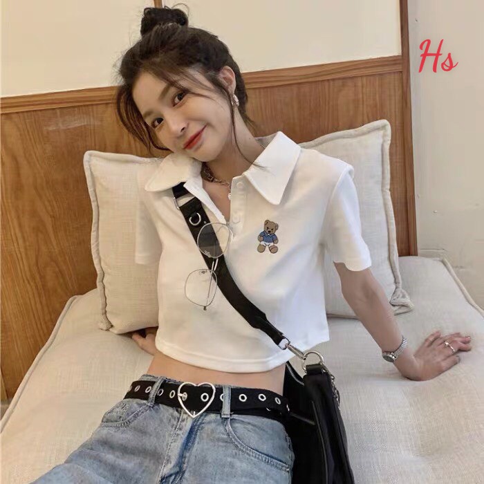 Áo Polo Croptop In Hình Gấu Dễ Thương và cá tính