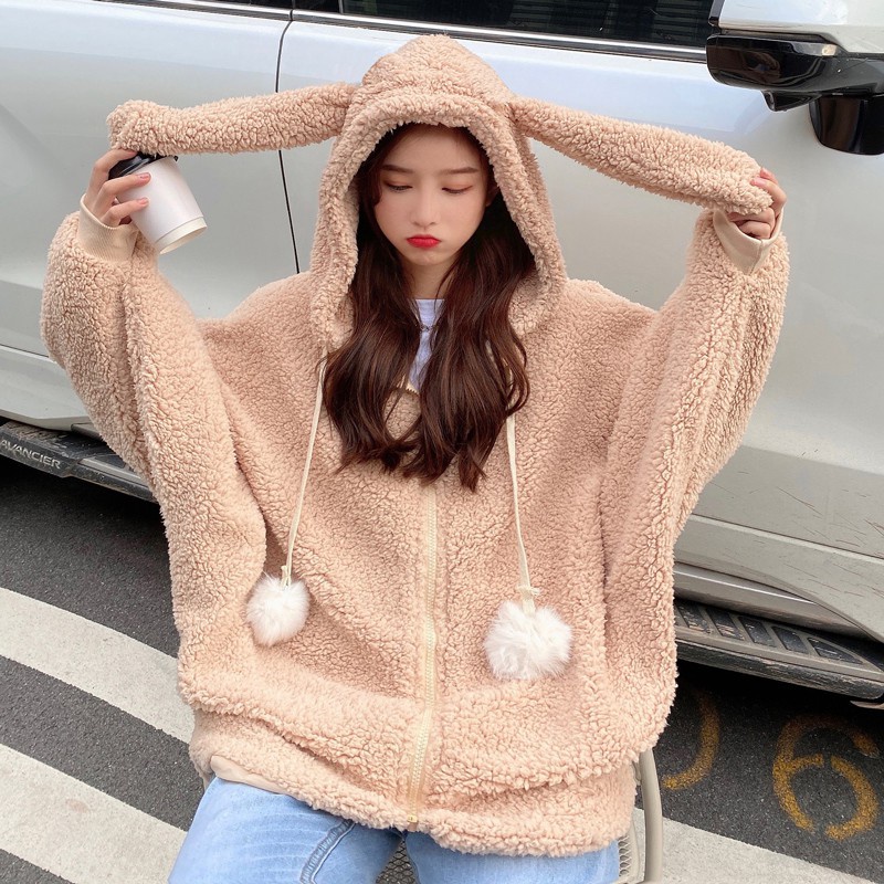 Áo Khoác Cardigan Vải Nhung Dày Dặn Có Nón Tai Thỏ Dễ Thương Phong Cách Hàn Quốc | BigBuy360 - bigbuy360.vn