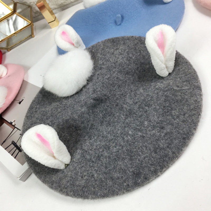 Mũ Beret Len Hình Tai Thỏ Nhỏ Dễ Thương Thời Trang Thu Đông Cho Nữ