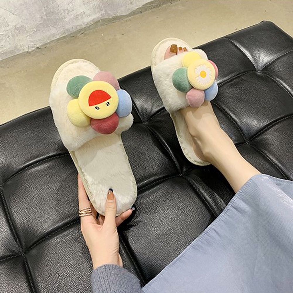 Dép lông thỏ Hoa mặt cười, siêu êm chân, dạng bánh mì quai ngang, mang trong nhà, văn phòng