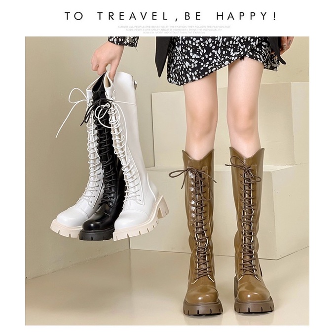 Boots martin nữ cổ V cao dưới đầu gối đan dây da mềm ôm chân đế răng cưa cao 5cm có khoá kéo
