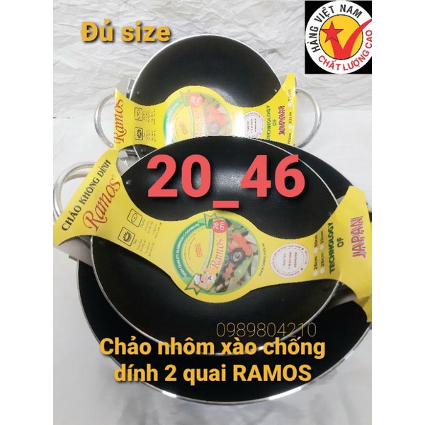 (CHÍNH HÃNG)Chảo bầu nhôm  chống dính 2 quai RAMOS ,Chảo chống dính ,chảo bầu chống dính đủ size từ 20_46 cm