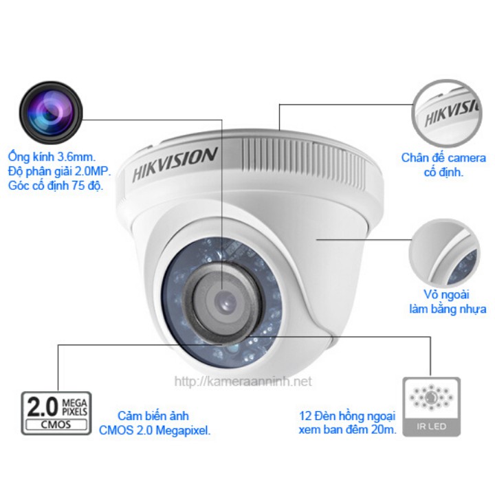 Camera HIKVISION dome hồng ngoại DS-2CE56D0T-IR 2.0 Megapixel Full HD siêu nét có kèm nguồn 12V- 2A Hàng chính hãng