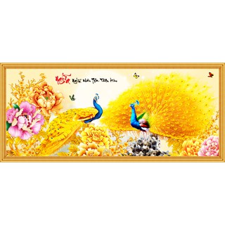 Tranh dán tường HD Đôi chim công vàng thư pháp chữ Nghĩa HTM-0169K 120 x 50 cm kim sa