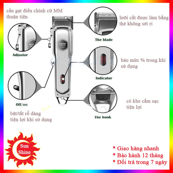 Tông đơ cắt tóc chuyên nghiệp Kemei KM-1998 phiên bản pro Pin 2000mAh, máy siêu nhẹ siêu mạnh siêu êm