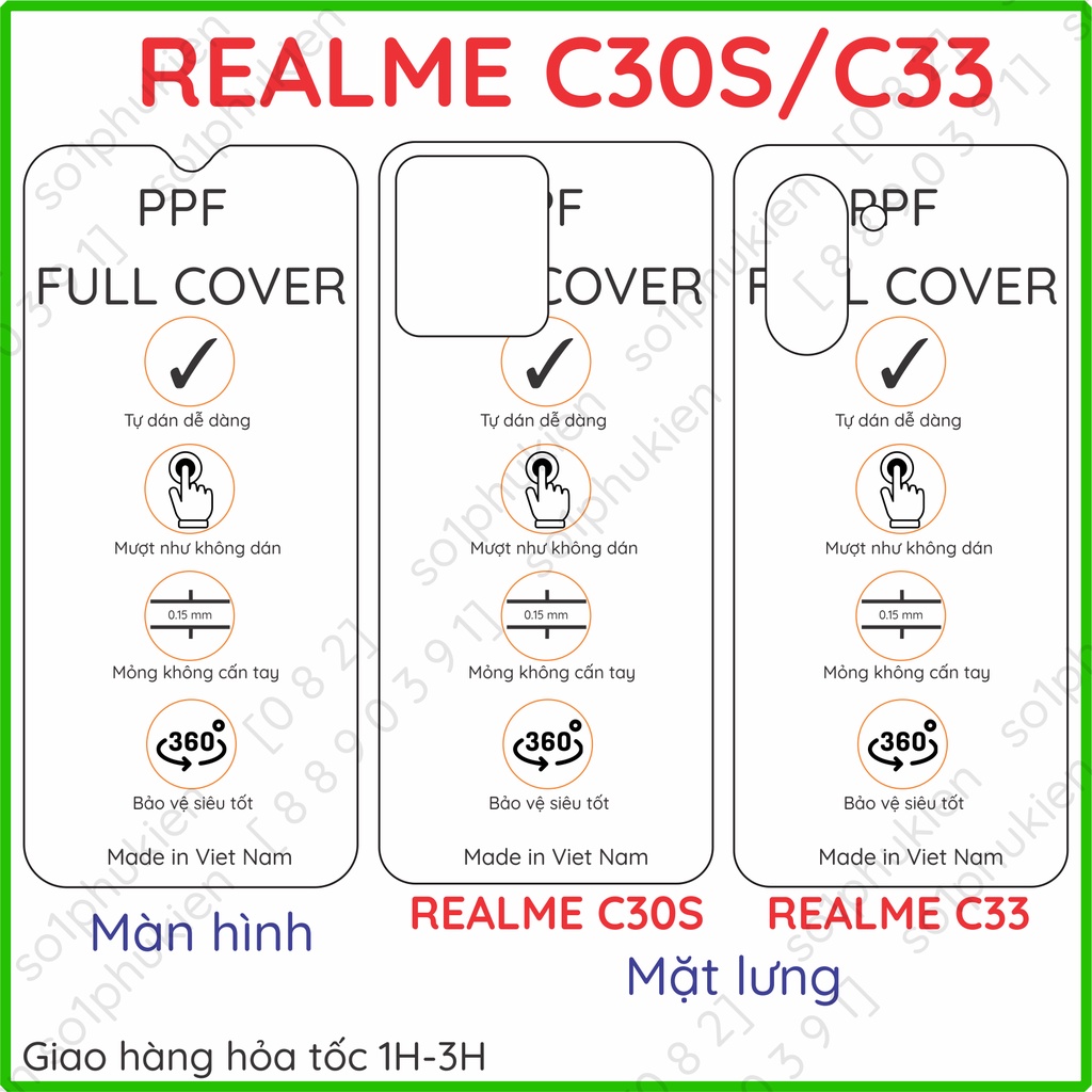 Dán PPF Realme C30S / C33 loại trong, nhám dành cho màn hình, mặt lưng , full viền
