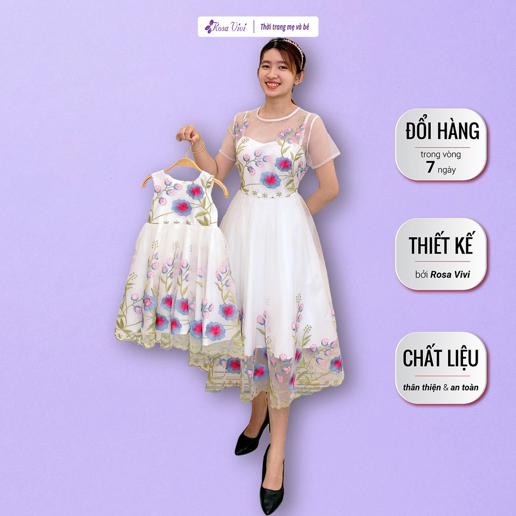 Đầm xòe công chúa voan trắng thêu hoa