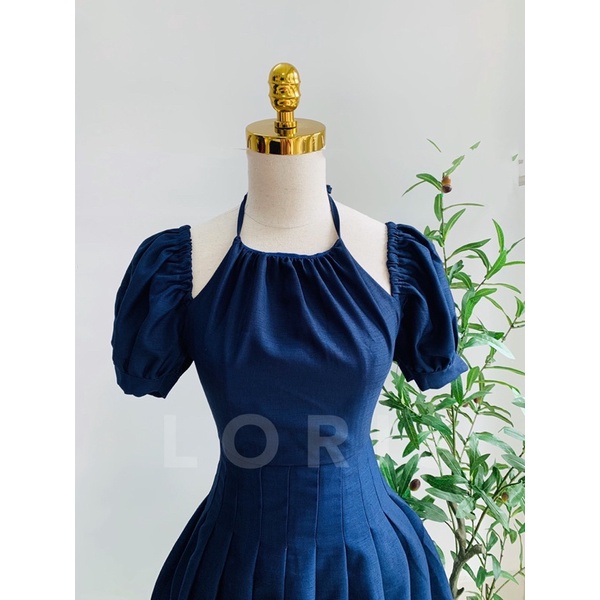 Đầm yếm xanh xếp ly tay ngắn