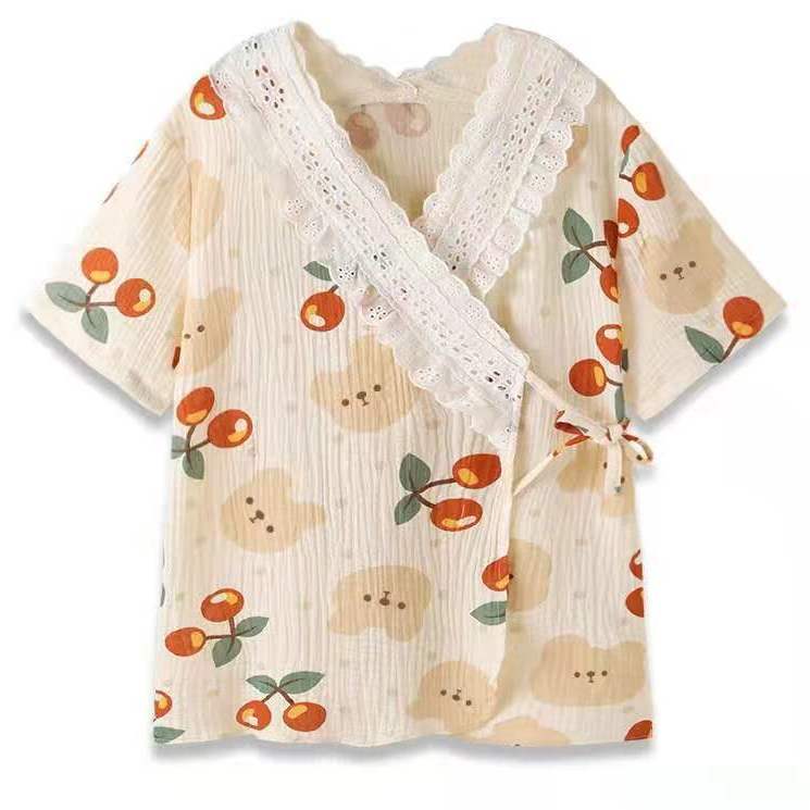 Bộ Đồ Pajamas Vải Cotton In Hình Gấu Và Cherry Kiểu Dáng Đáng Yêu