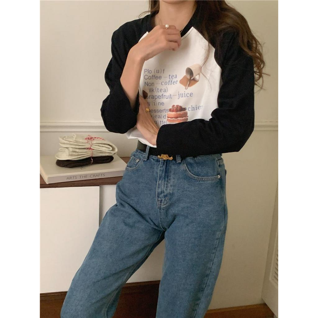 Áo Thun Cổ Tròn Dài Tay In Hoạt Hình Phong Cách Hàn Quốc 57065 2 Màu Cá Tính