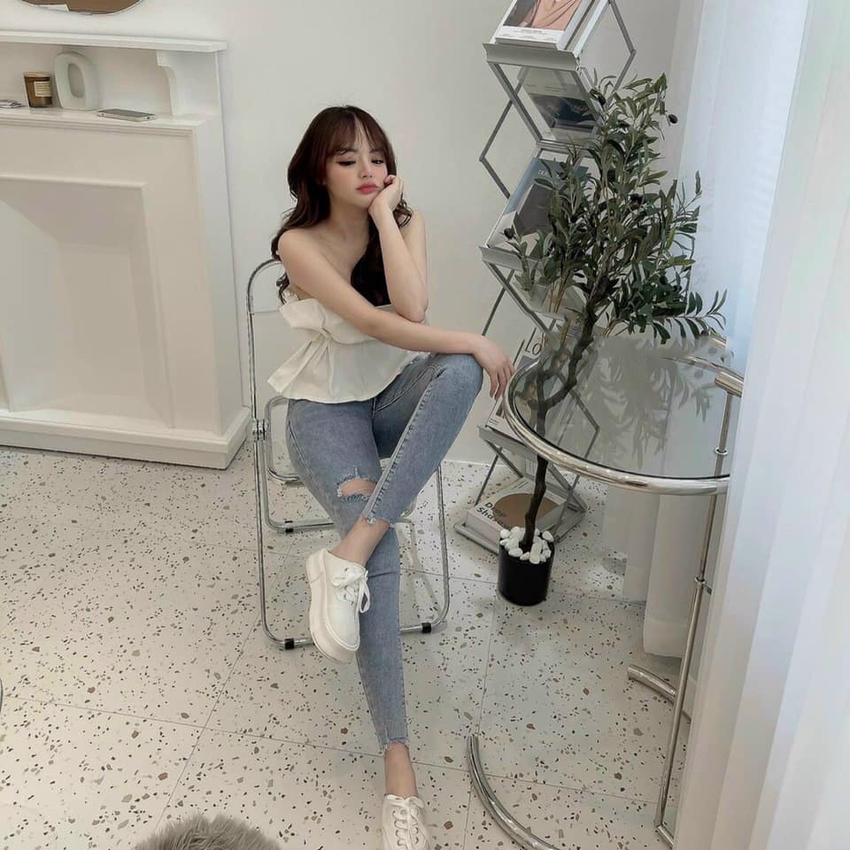Quần jean nữ rách gối lưng cao co giãn dáng ôm skinny có túi trơn dài basic HIJUNE QJ01