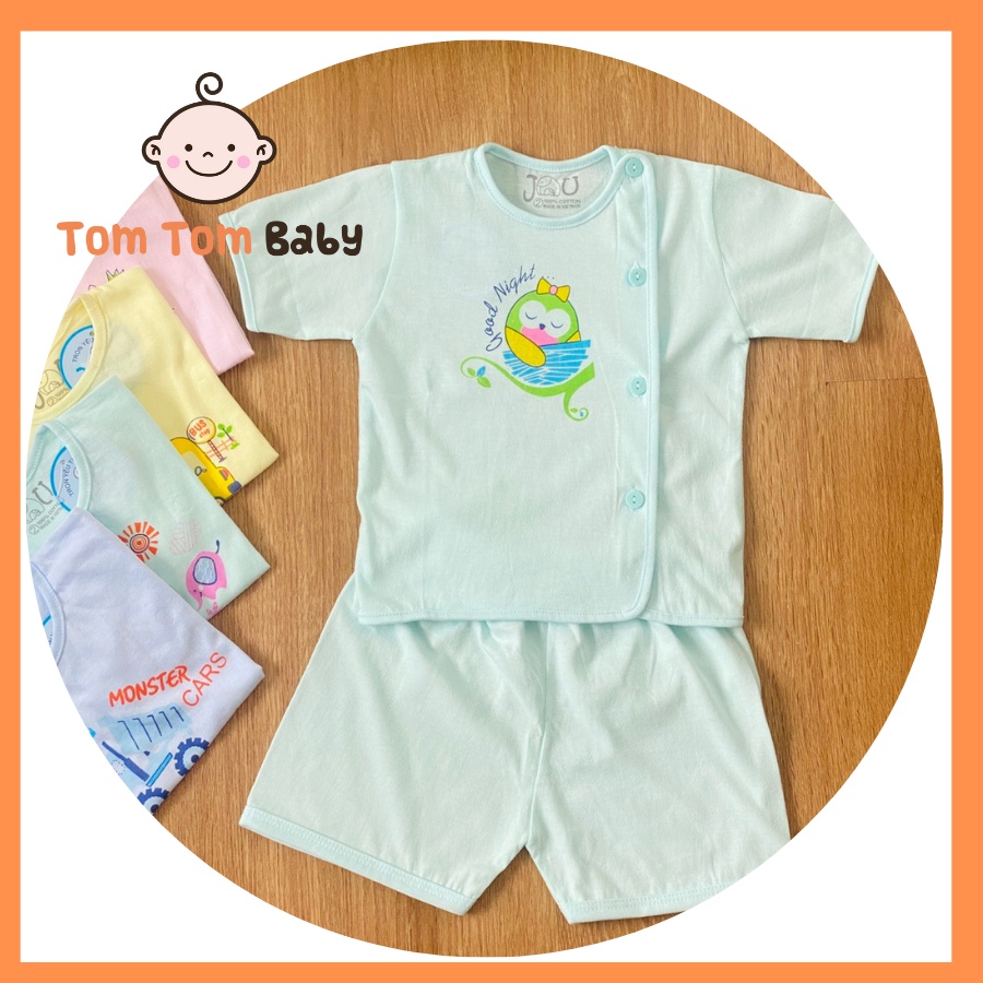 Bộ quần áo sơ sinh cotton JOU - Mẫu Tay Ngắn Cài Lệch Màu, Size 1-3 cho bé sơ sinh - 9kg