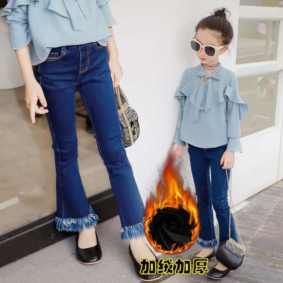 Quần Jean Ống Loe Phối Ren Và Nơ Tua Rua Thời Trang Xuân Hè Cho Bé Gái