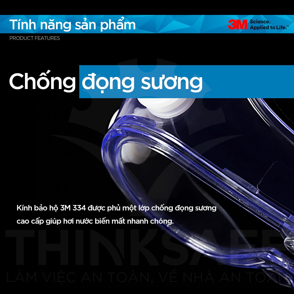 Kính chống hóa chất 3M 334 chống văng bắn hoá chất, bụi, chống tia UV, chống đọng sương