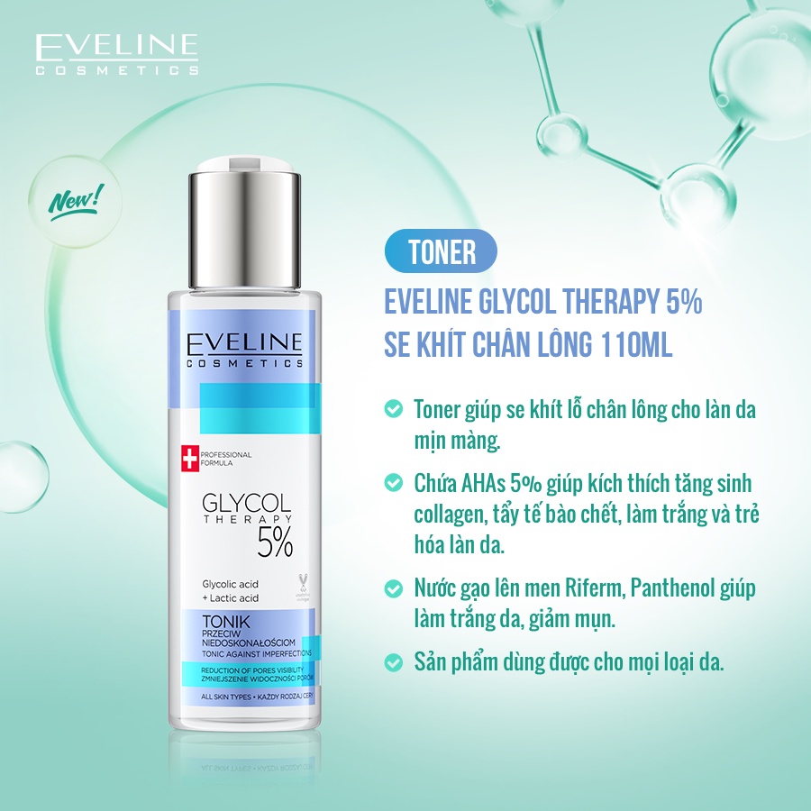 Toner Eveline 5% Glycolic Acid Glycol Therapy Cho Da Căng Bóng Mịn Màng Mờ Thâm Mụn Trẻ Hóa Da