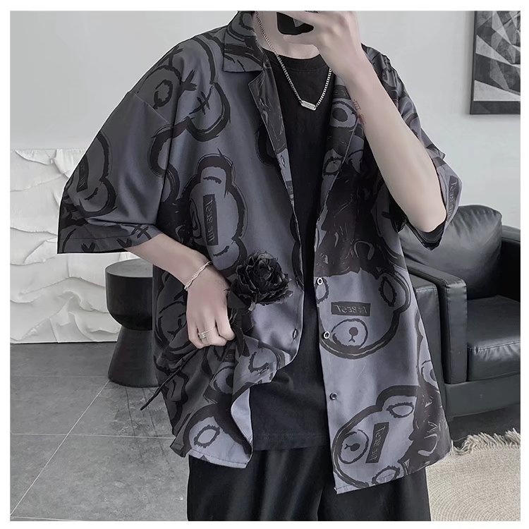 Short Sleeve Shirt With Cartoon Bear Pattern Korean Style Summer Men's Fashion 2022