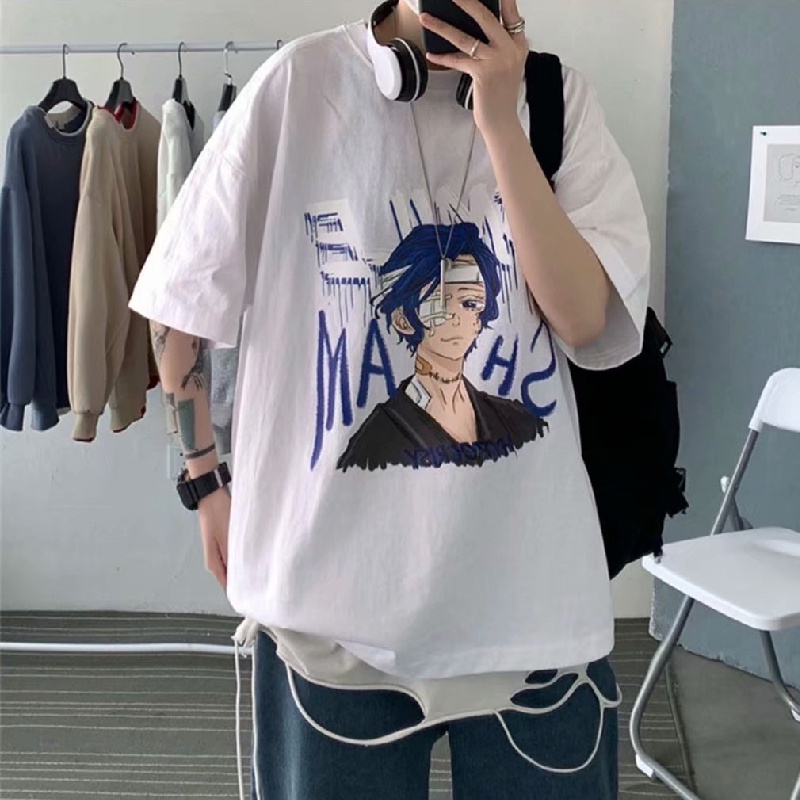 Áo thun tay ngắn cổ tròn dáng rộng in họa tiết hoạt hình phong cách Nhật Bản thời trang cho nam size M-5XL