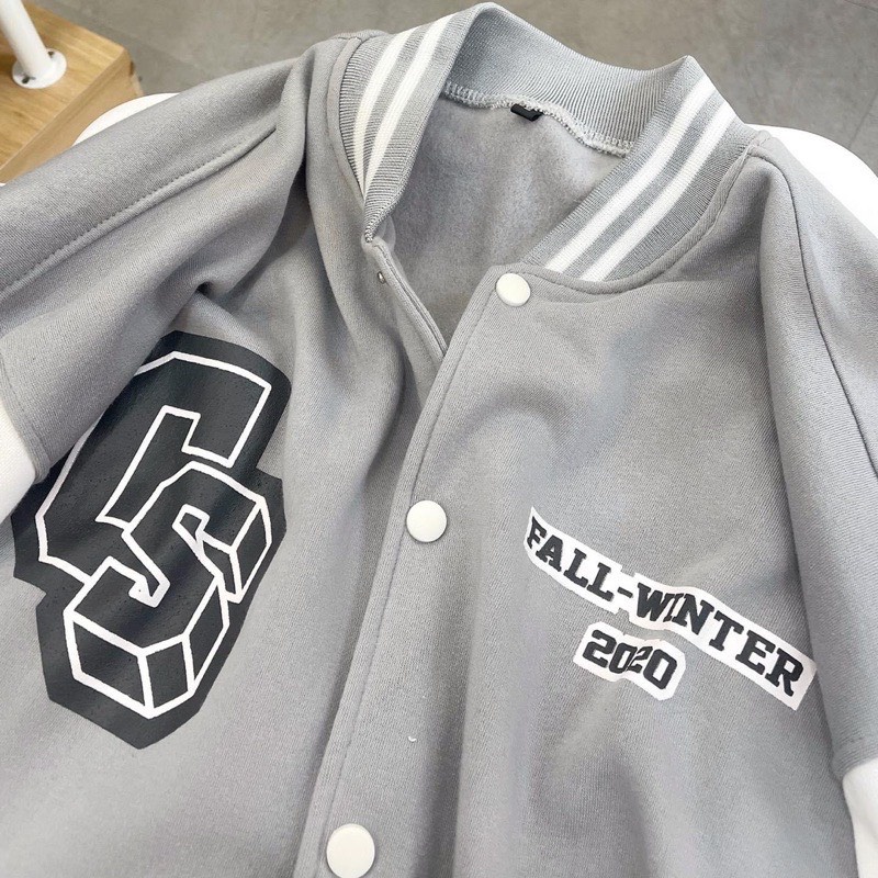 Áo Khoác Bomber Nỉ Chữ CS Form Rộng Unisex Chất Nỉ Ngoại Ulzzang Nam Nữ Dáng Rộng Form To Màu Tàn Phối Trắng
