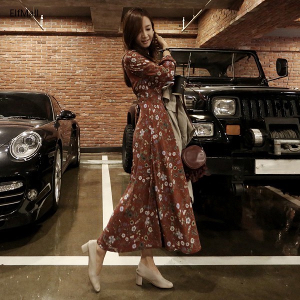Đầm Maxi Nữ Tay Dài In Hoa Phong Cách Hàn Quốc