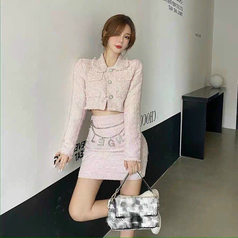 Set bố dạ hồng áo croptop chân váy