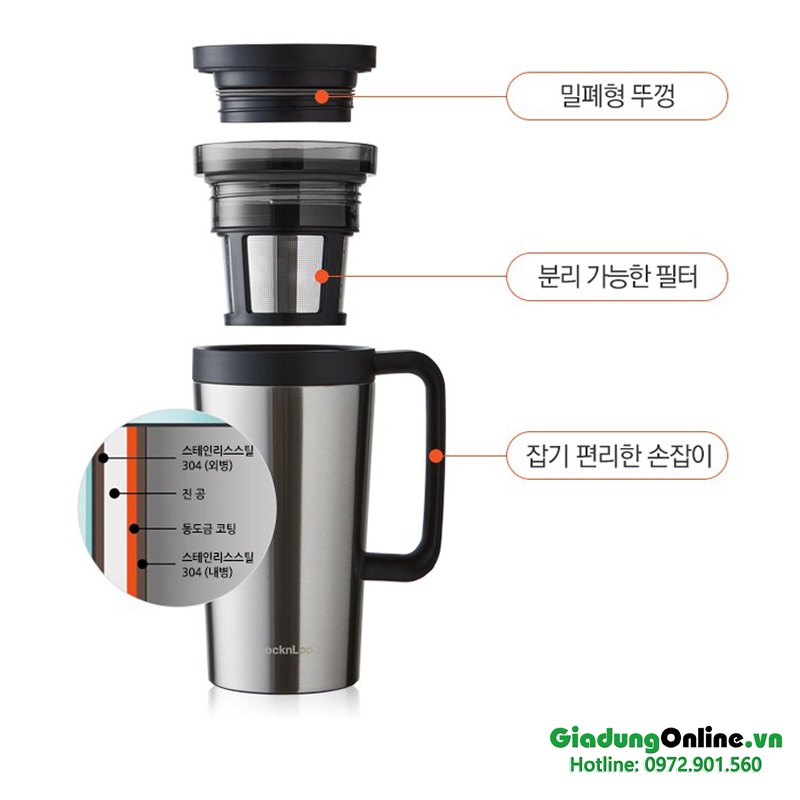 Ly Giữ Nhiệt Pha Trà, Cà Phê Lock&amp;Lock Coffee Filter Mug LHC4197SLV 580ml Màu Bạc