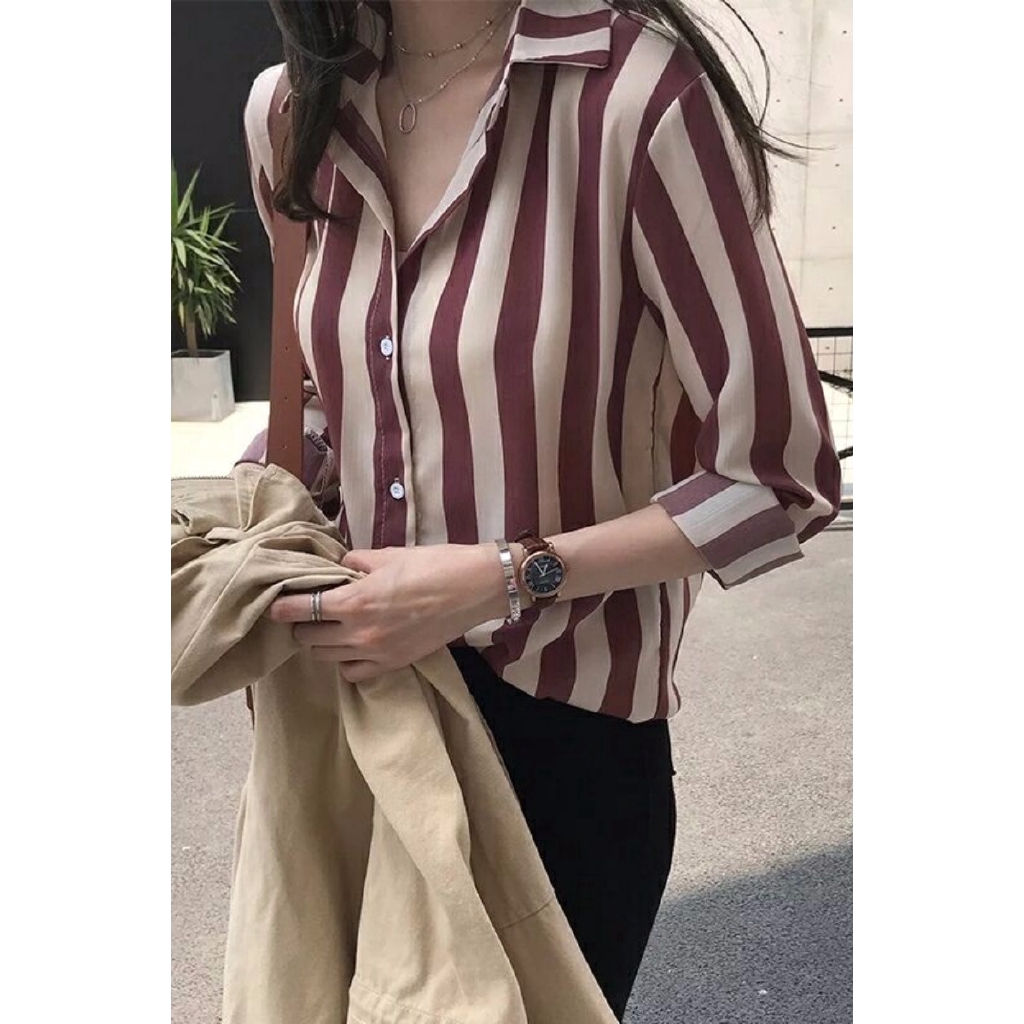 IELGY  Áo Sơ Mi Tay Dài Dáng Ôm Họa Tiết Kẻ Sọc Thời Trang Dành Cho Nữ