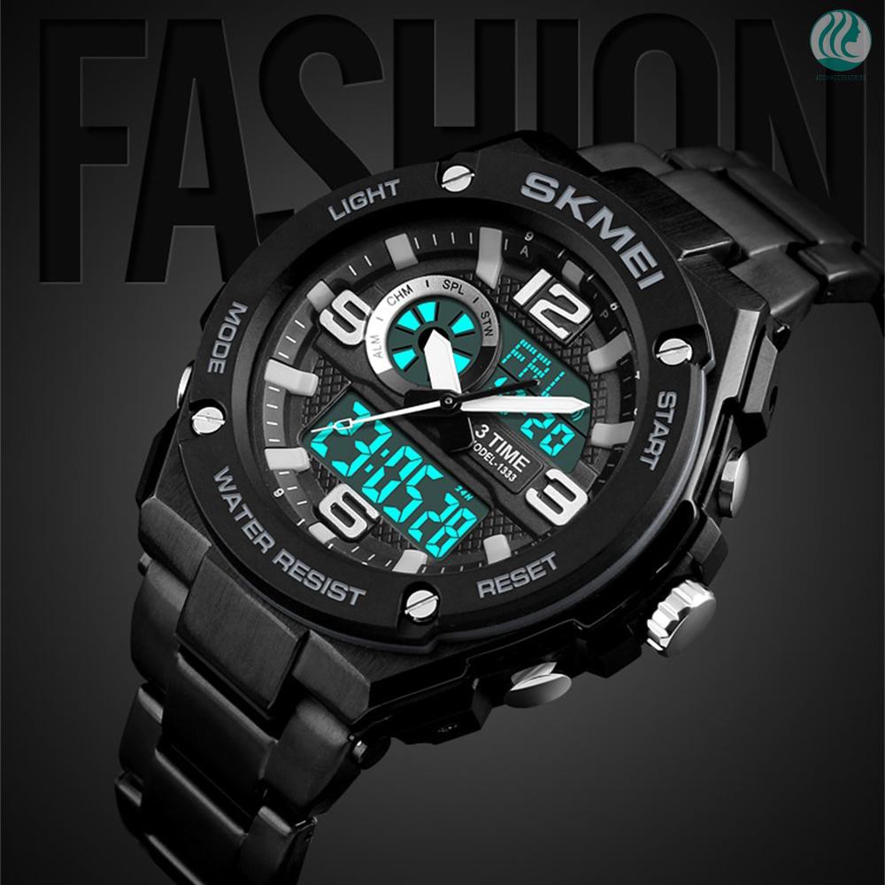 🌱SKMEI 1333 Men Quartz 3 Time Chrono Watches Countdown Analog Digital Display Wristwatch 5ATM Waterproof Fashion 