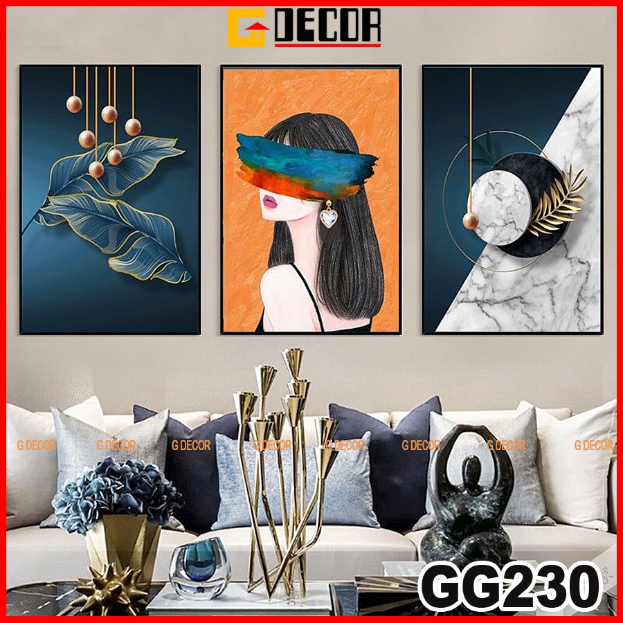 Tranh treo tường canvas khung gỗ 3 bức phong cách hiện đại Bắc Âu tranh cô gái trang trí phòng khách phòng ngủ spa 230