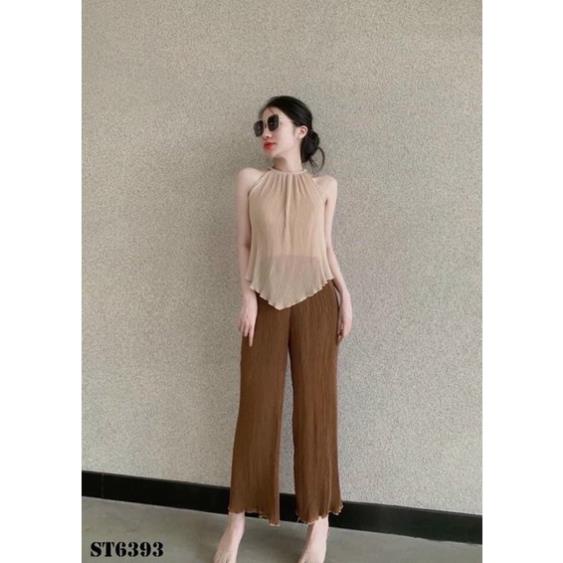 Set Bộ Nâu Nude Áo Yếm Kèm Quần Suông Dập Ly trắng nâu freesize