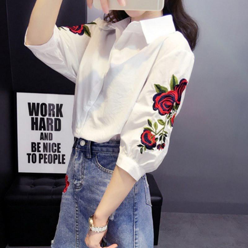 Áo sơ mi nữ cổ đứng thêu hoa