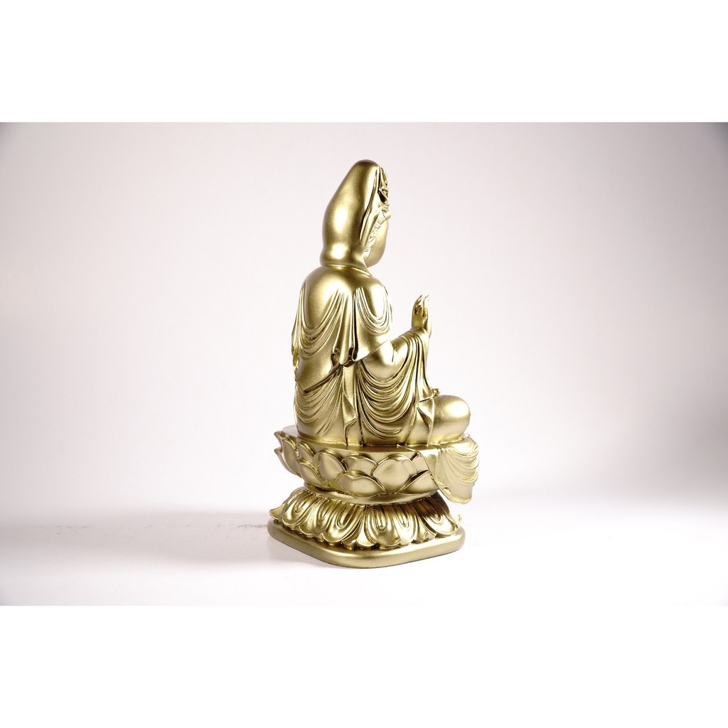 Tượng phật Bồ Tát Quan Âm ngồi đài sen nguyên khối mạ đồng - Cao 19cm