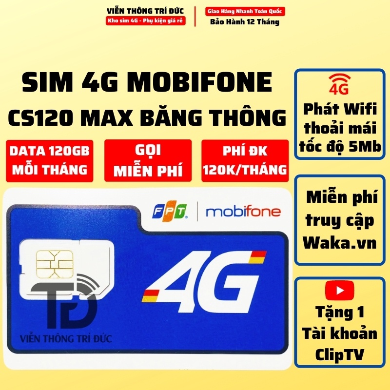 Sim 4G Mobifone DATA KHÔNG GIỚI HẠN, Gói DTHN 30GB/T (CS120, CV119 DATA 4GB/NGÀY, GỌI FREE) SIM PHÁT WIFI MAX BĂNG THÔNG