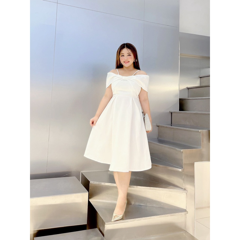 Đầm Dự Tiệc , Váy Trắng Nữ Bigsize Thiết Kế Nơ Bẹt Vai Với Chất Liệu Phi Hàn Siêu Sang Chảnh Dành Cho Người Mập 50.90kg