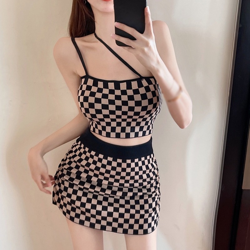 Set Áo Croptop 2 Dây + Chân Váy Dệt Kim Lưng Cao Phong Cách Hàn Quốc Thời Trang Cho Nữ