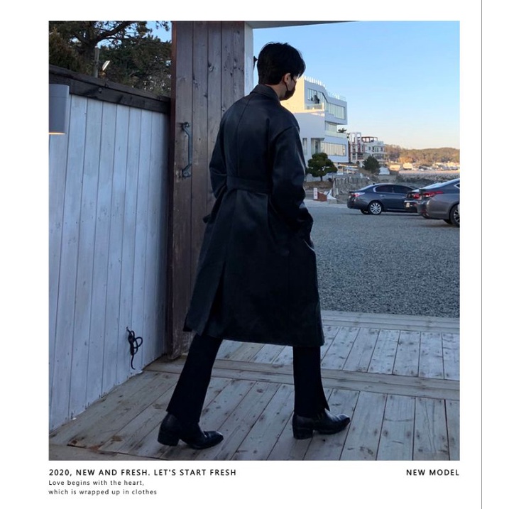 DAVIDME Áo khoác da dáng dài kèm thắt lưng phong cách Hàn Quốc cho nam