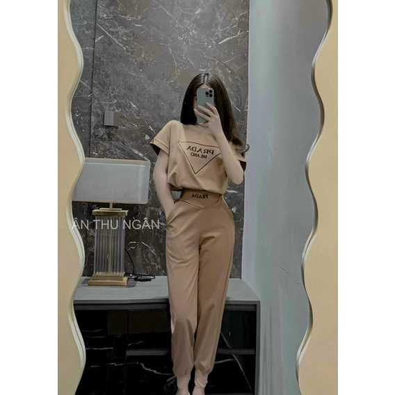 Sét bộ thời trang nữ mặc đi chơi chất cotton xin vải shop aoa in chữ tay ngắn mix quần dài