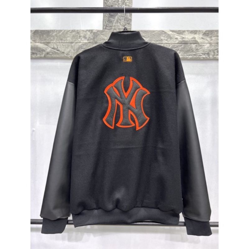 0Áo varsity jacket M.L.B NY dạ dày dặn phối tay da,Áo bomber dạ form rộng nam