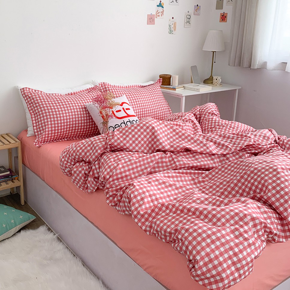 Bộ chăn ga gối poly cotton REE Bedding caro hồng PLC57