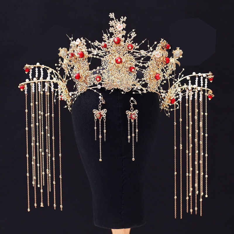 [Aishang Trang Sức Đẹp] Vương Miện Phượng Hoàng Vàng Trung Hoa Cổ Điển Tua Rua Dài Trang Phục Cưới Xiuhe Cho Cô Dâu