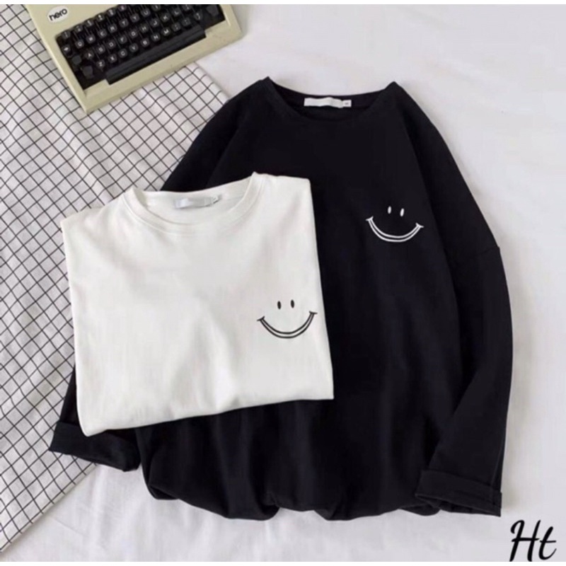 Áo Thun Dài Tay Cổ Tròn Họa Tiết Hình Mặt Cười Phong Cách Trẻ Trung Thời Trang Minishop Unisex Nam Nữ