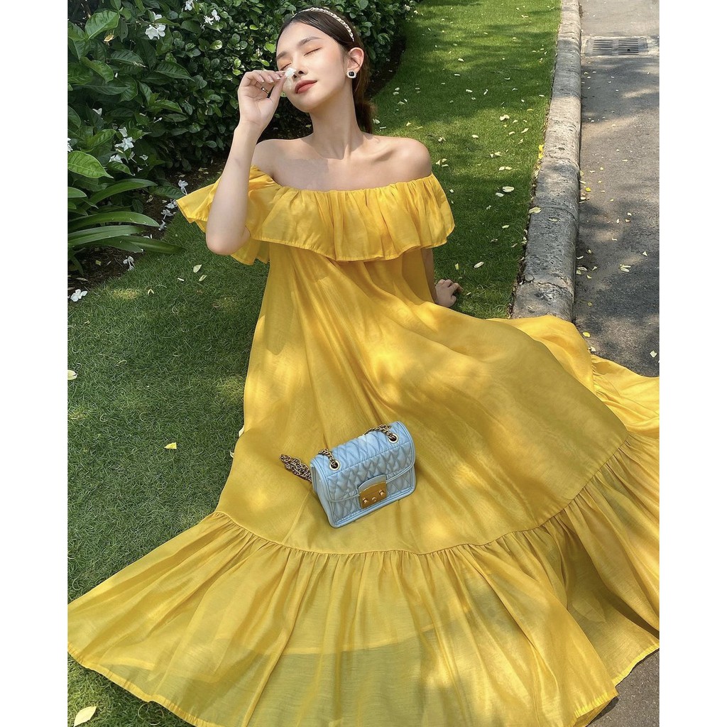 Đầm maxi đi biển dáng dài trễ vai bèo nhìu màu xinh xắn - Rora Dress